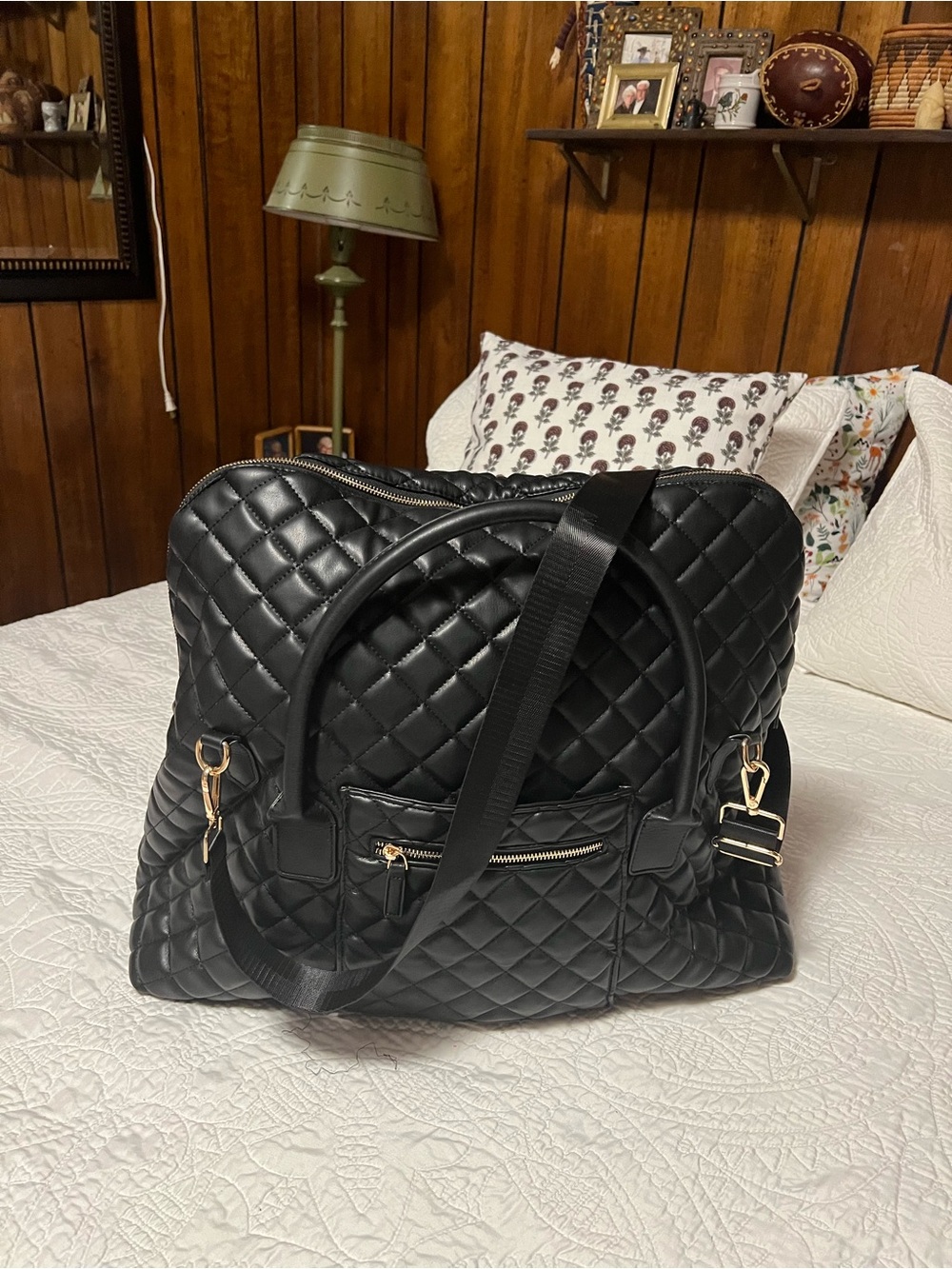 Quilted Black Travel Tote with Gold Hardware
